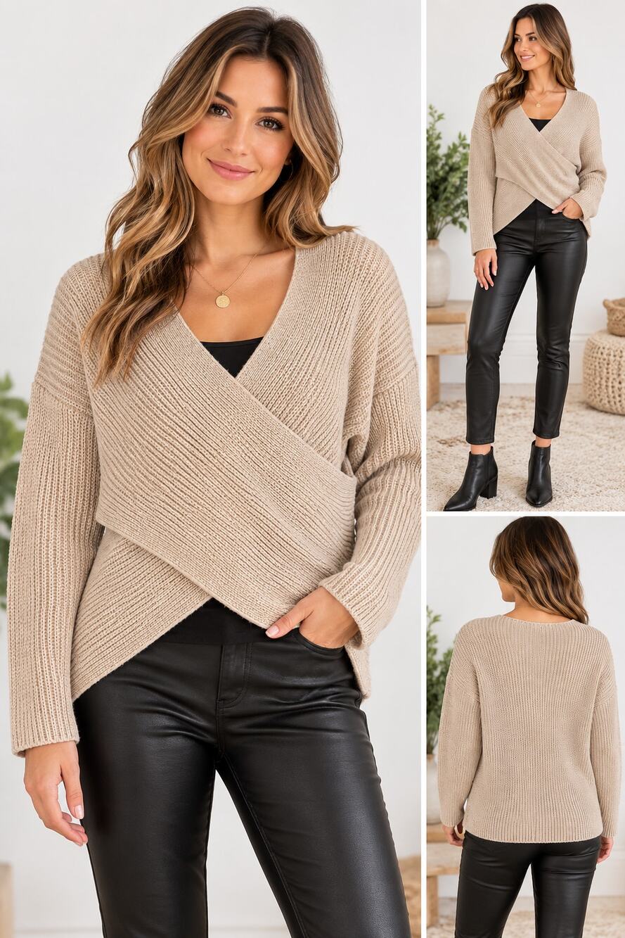 ASTR The Label Oatmeal Wrap Sweater Small Surplice Ribbed Knit Asymmetrical